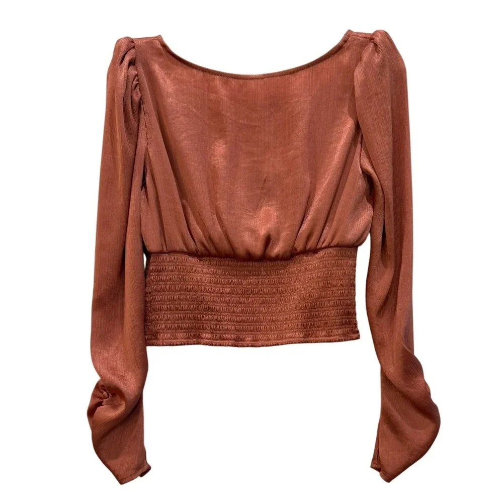 Free People Womens Smocked Waist Shimmer Crop Top Rust Orange Long Sleeve Size M